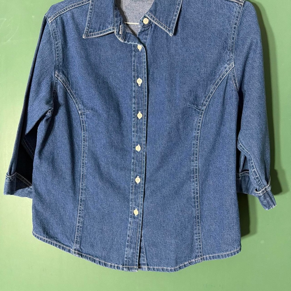 Vintage Falls Creek Blue Denim Cotton Button Up Shirt Rolled Sleeve Womens M